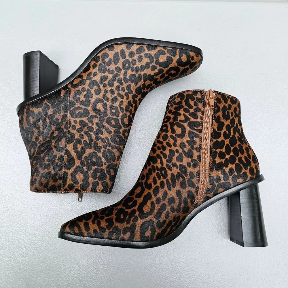 Gibson Latimer Leopard Print Calf Hair Booties Vina Size 9 Zip Square Toe Heeled
